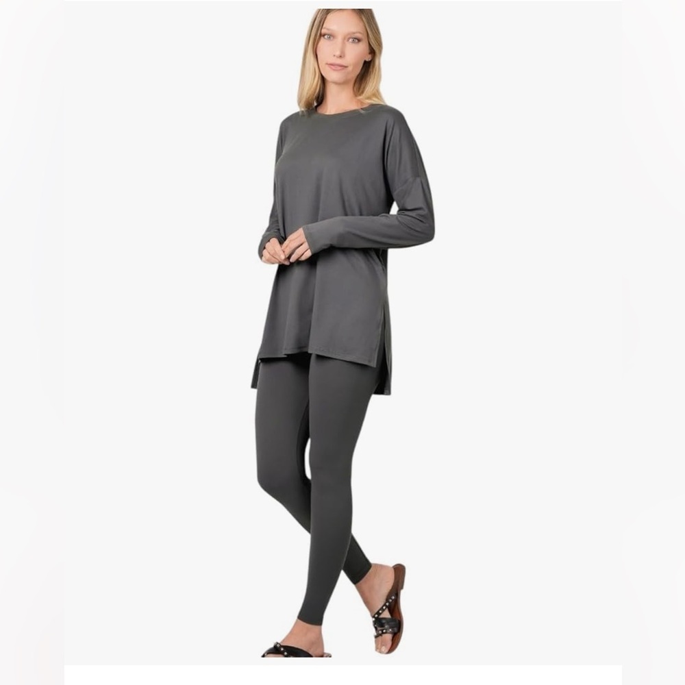 Zenana lounge all day crew long sleeve brushed microfiber set ash grey small